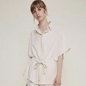 Rita Row Stella Button Front Linen Blend S/S Shirt Size Large Natural EUC